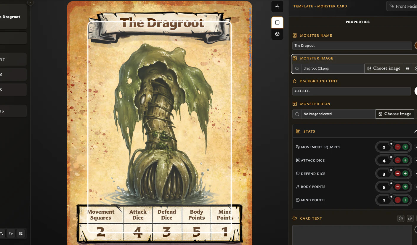 Card Editor showing a finished Monster Card beside its title, image, statistics, and text properties.