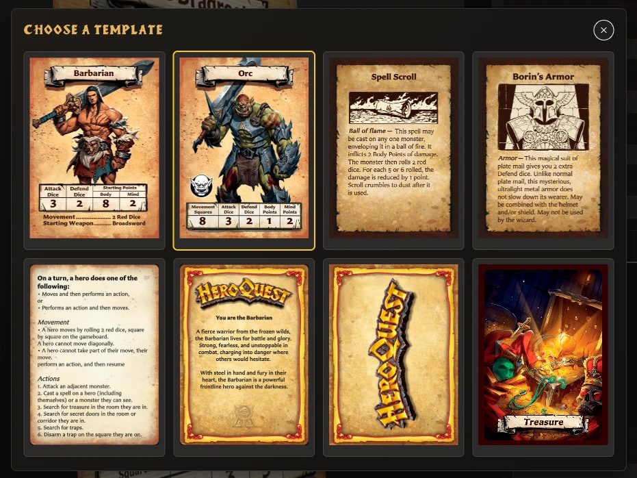 Choose a template window showing the built-in Hero, Monster, artwork, rules, and card-back templates.