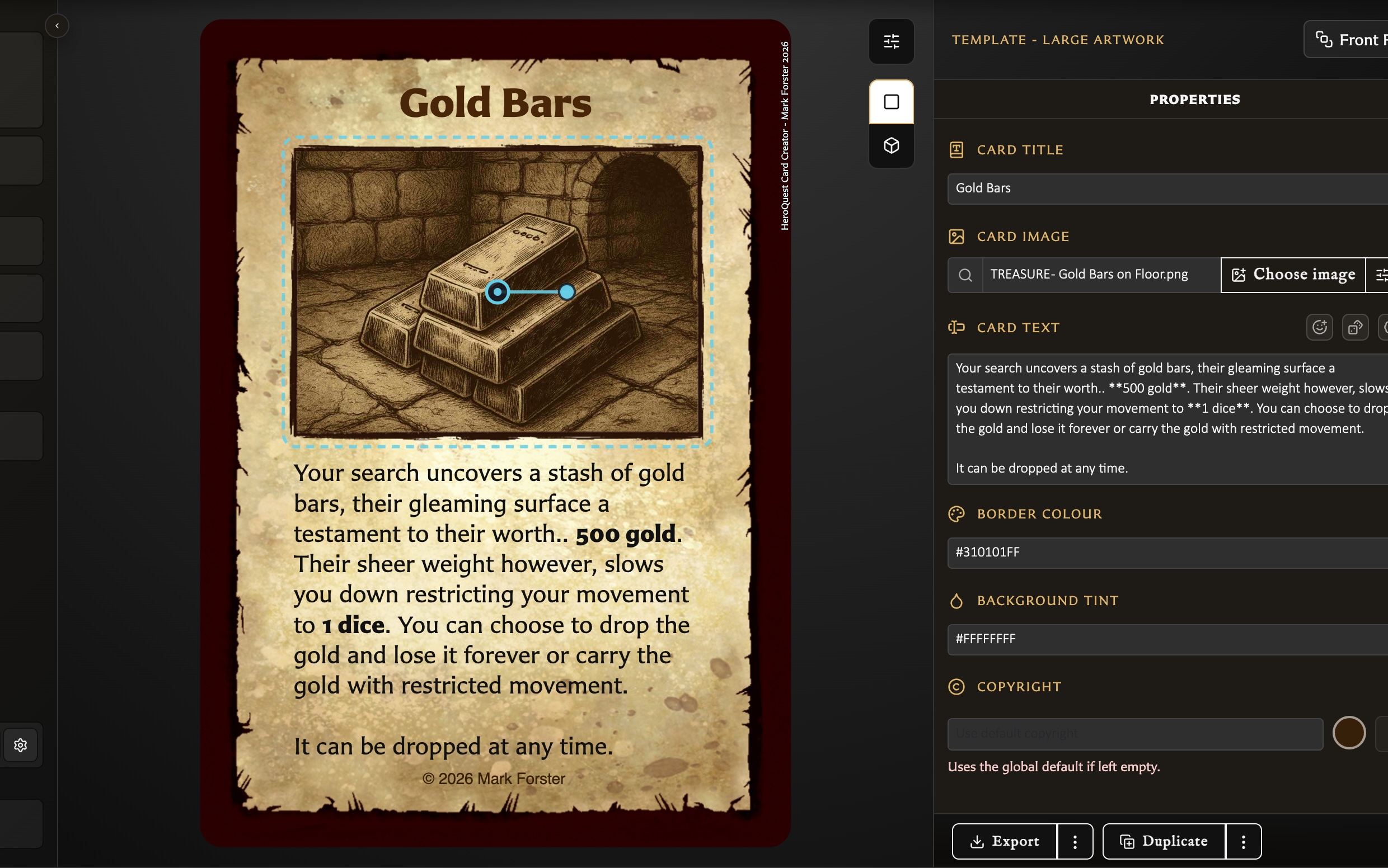 Small Artwork card draft named Moonlit Amulet beside its editable title, image, and text properties.