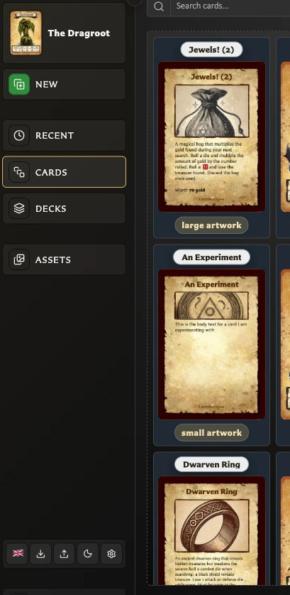 Expanded left navigation showing the current card and links to New, Recent, Cards, Decks, and Assets.
