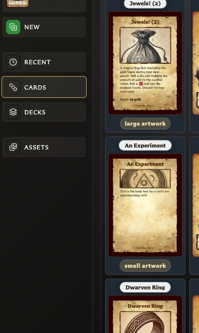Expanded navigation showing labelled links for New, Recent, Cards, Decks, and Assets.