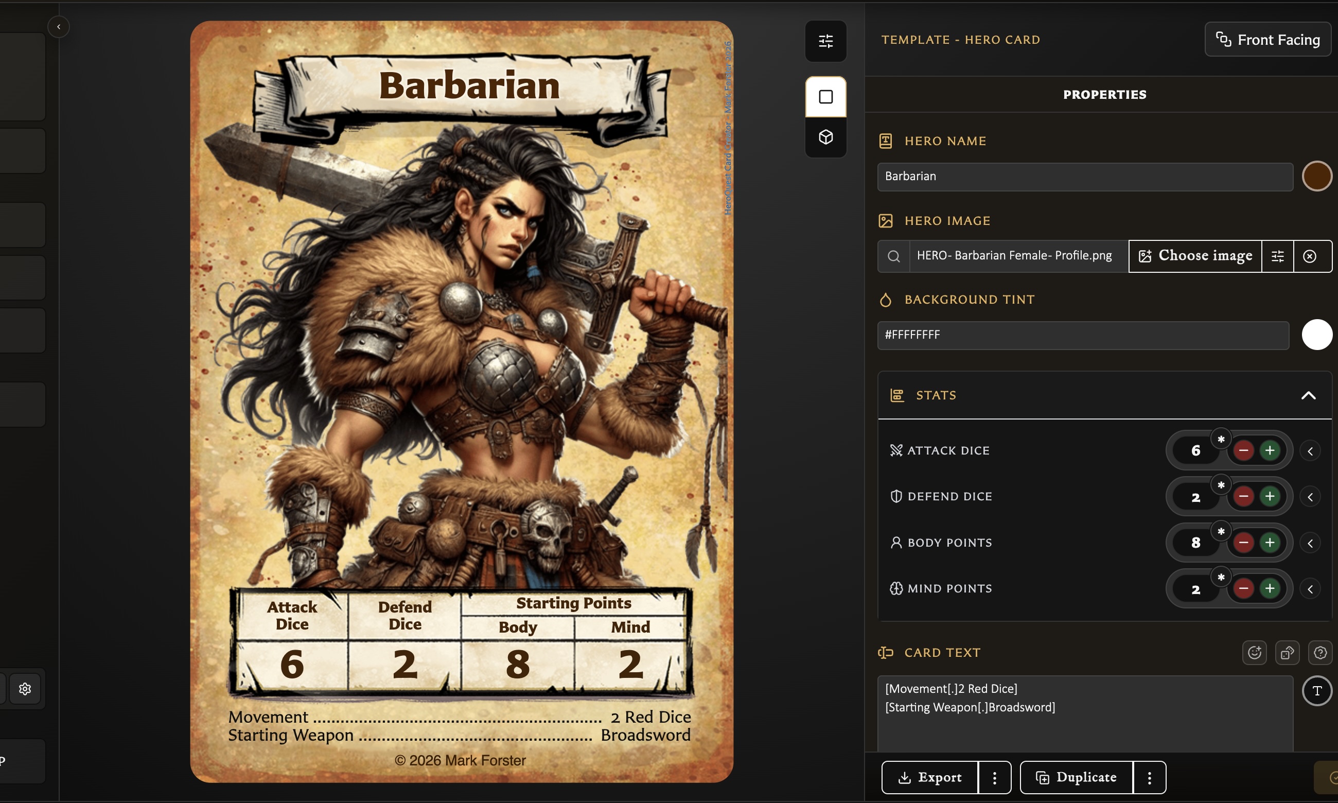 Monster Card in Standard preview beside controls for its name, artwork, icon, statistics, and text.
