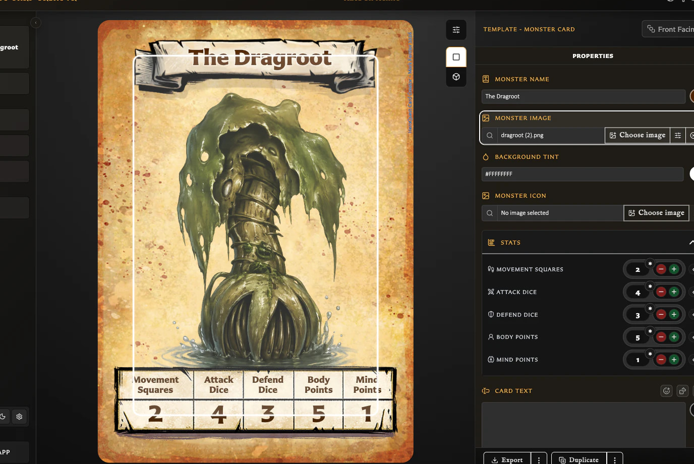 Monster Card in Standard preview beside controls for its name, artwork, icon, statistics, and text.