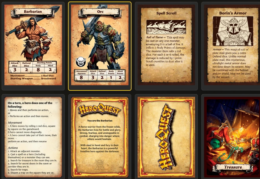 Template previews for Hero Card, Monster Card, Small Artwork, Large Artwork, and Rules.