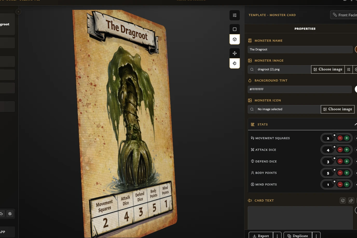 Monster Card shown at an angle in Interactive preview with Pan and Rotate controls available.