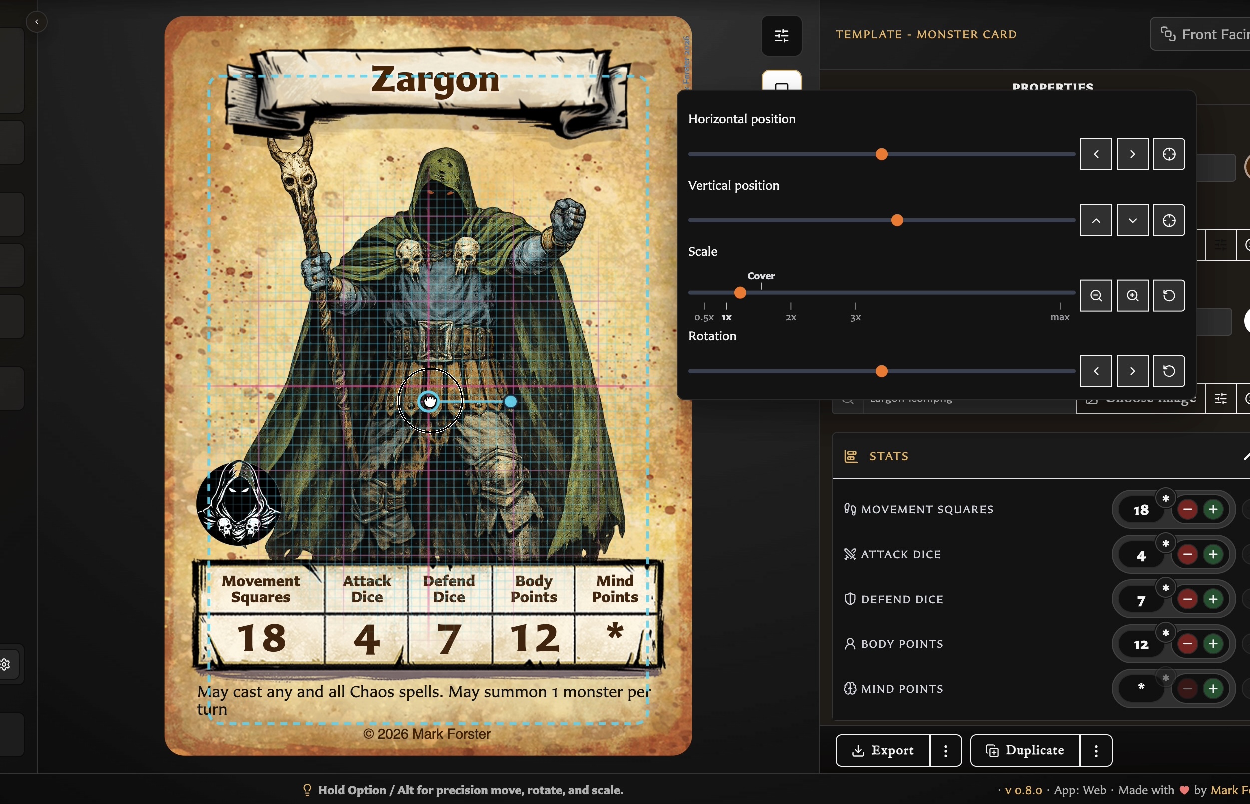 Selected Monster Card artwork with transform handles and matching position, scale, and rotation controls.