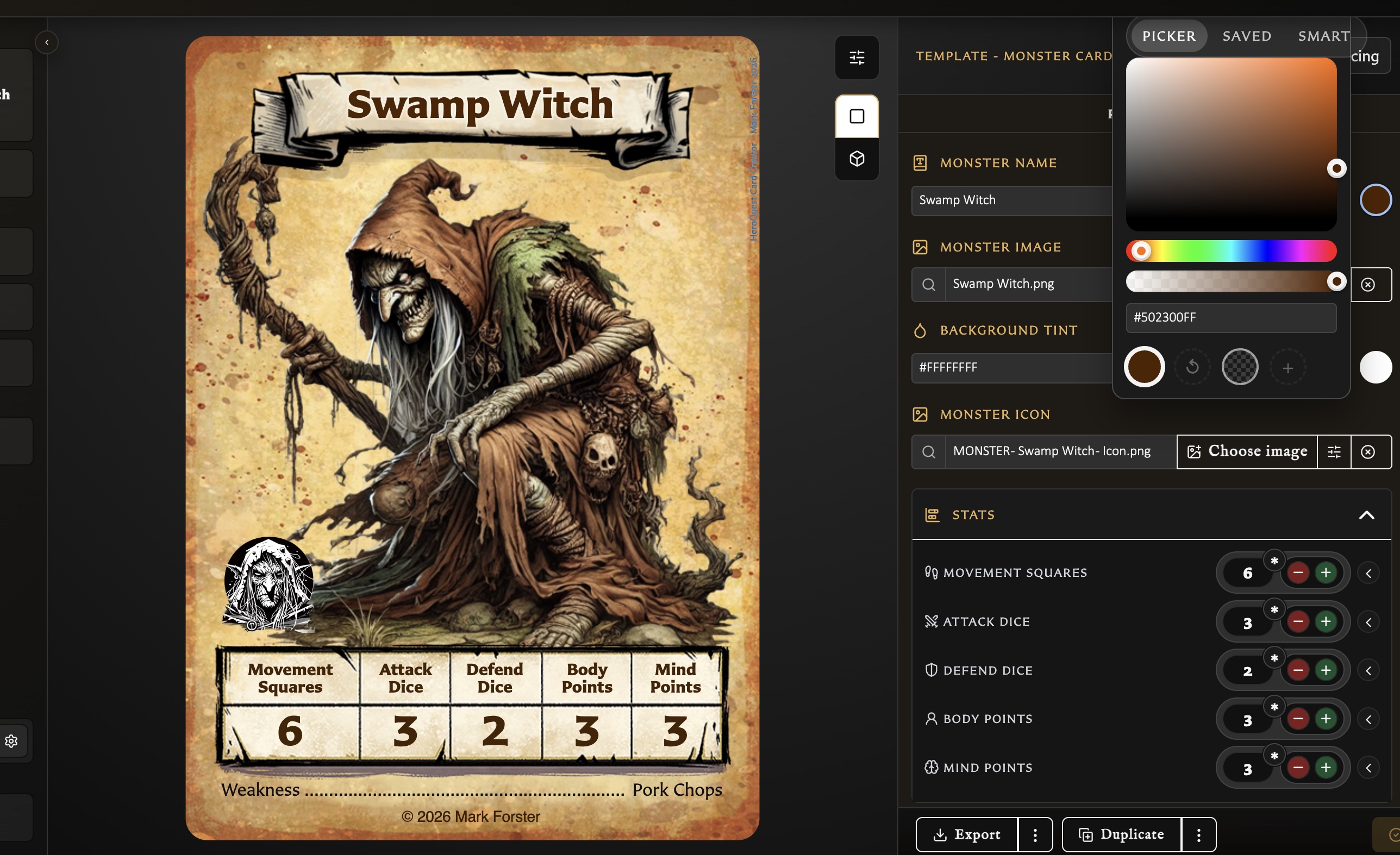Open colour picker beside a Monster Card, with the changed title colour visible in the preview.