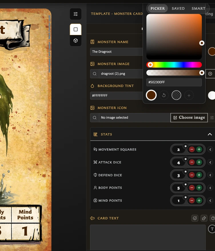 Card colour controls showing the picker and saved-value actions beside the affected preview.