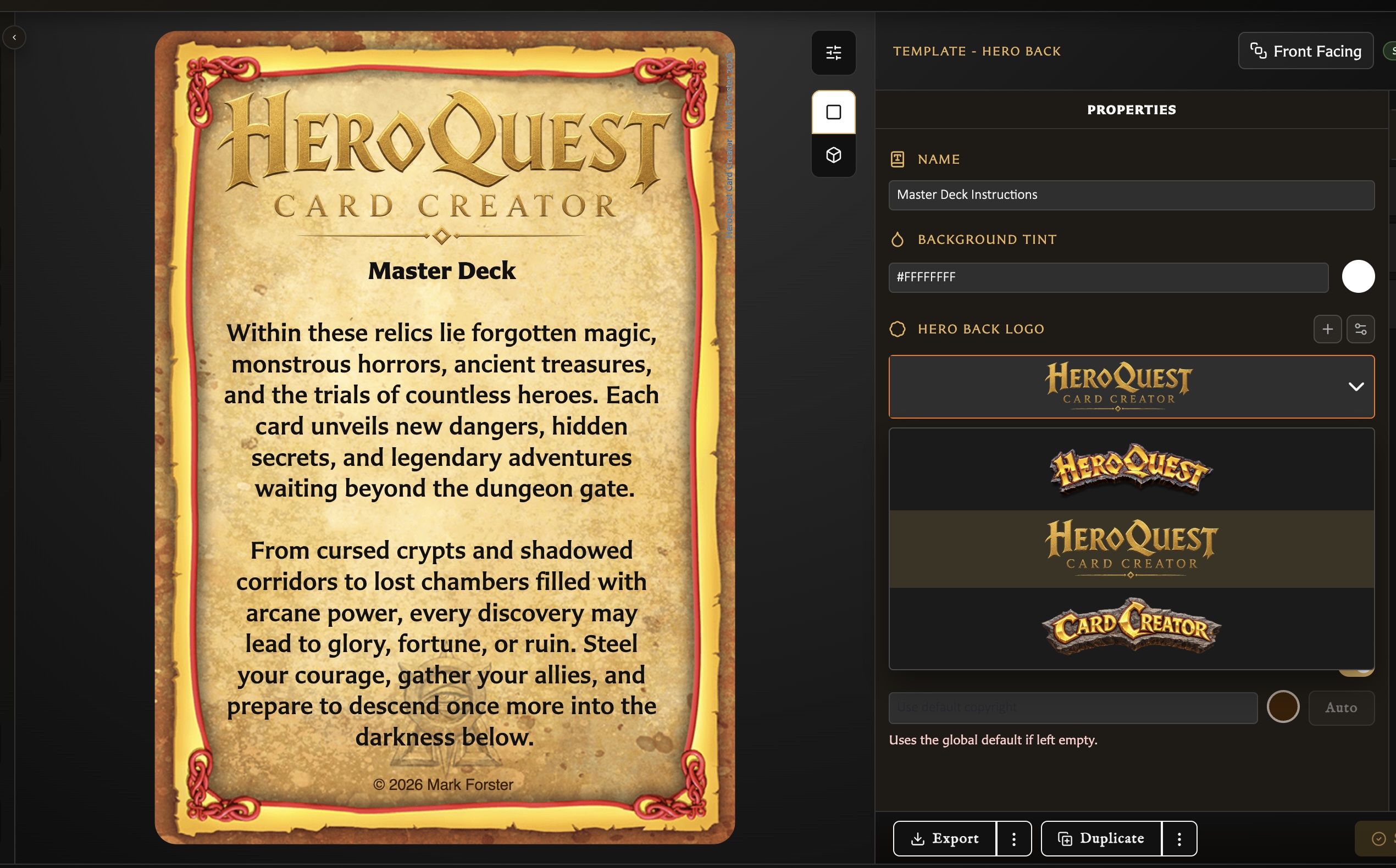Labelled Back preview beside logo positioning, background tint, copyright, and text controls.