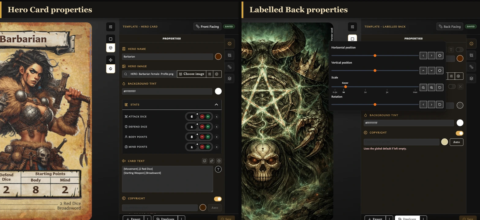 Side-by-side comparison of Hero Card properties and Labelled Back properties.