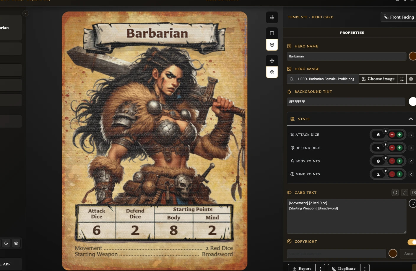 Hero Card showing its rendered statistics beside Attack, Defend, Body, and Mind controls.