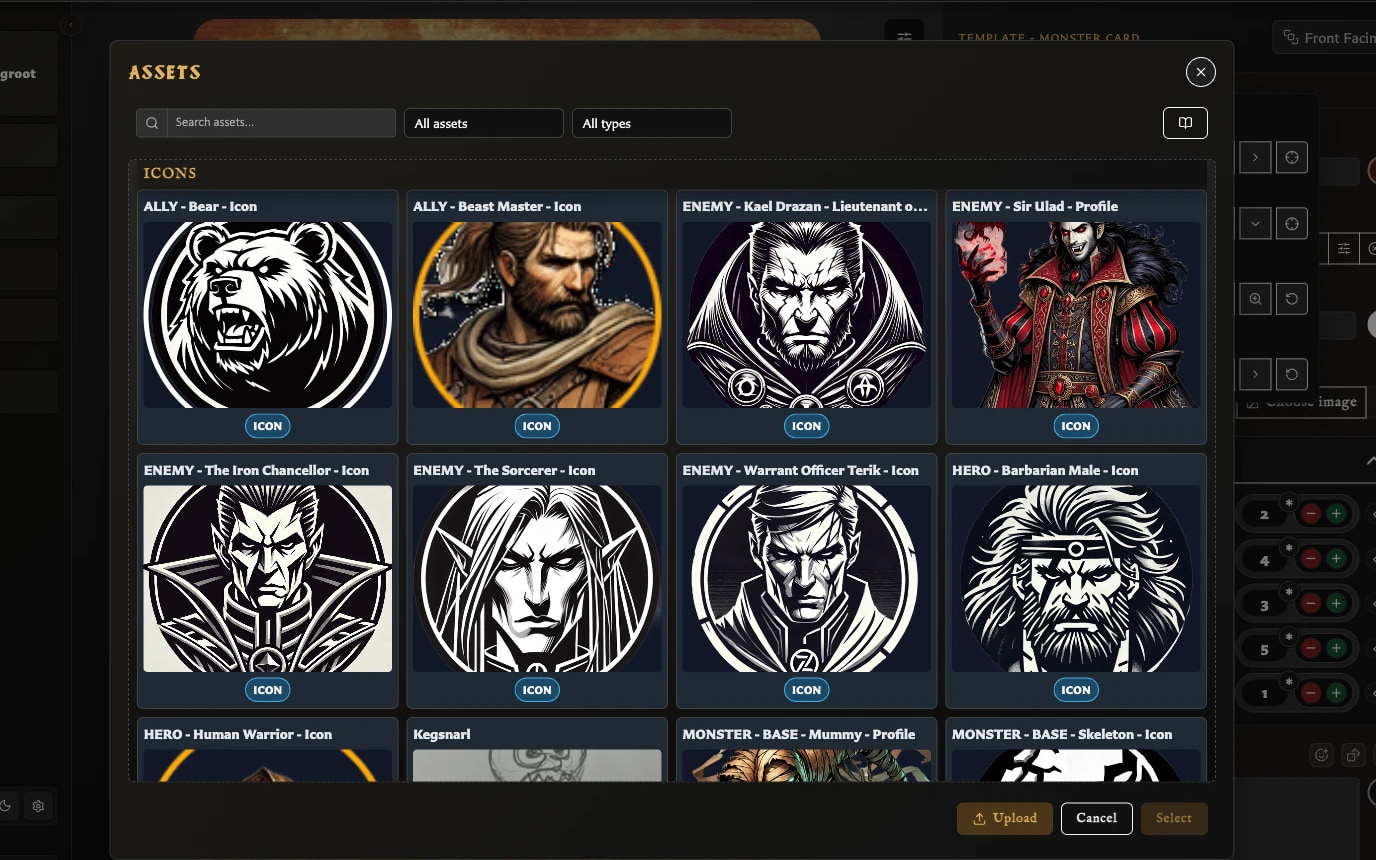 Monster icon chooser displaying a grid of icon assets over the Card Editor.