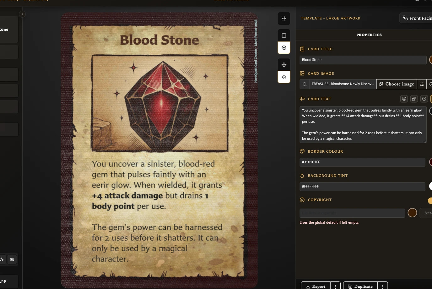 Large Artwork card beside its body-text field and formatting tool buttons.