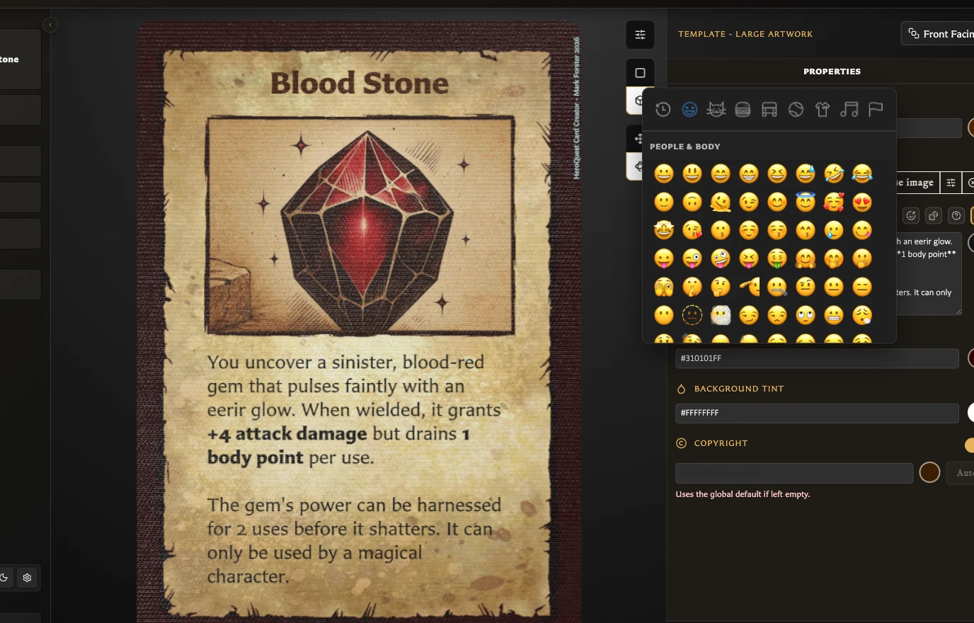Emoji picker open beside the body-text field of a Large Artwork card.
