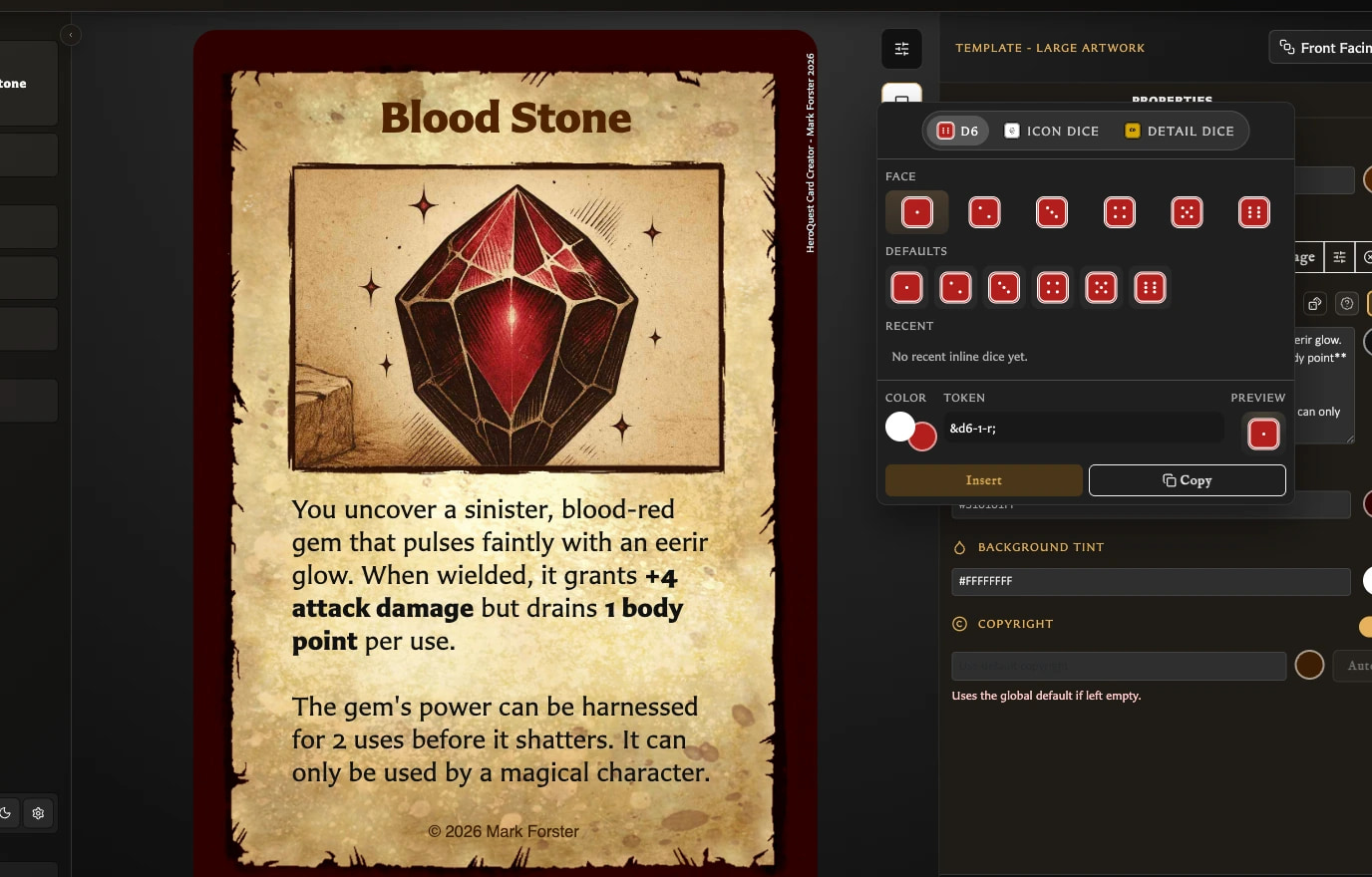 Dice configurator open beside the body-text field of a Large Artwork card.