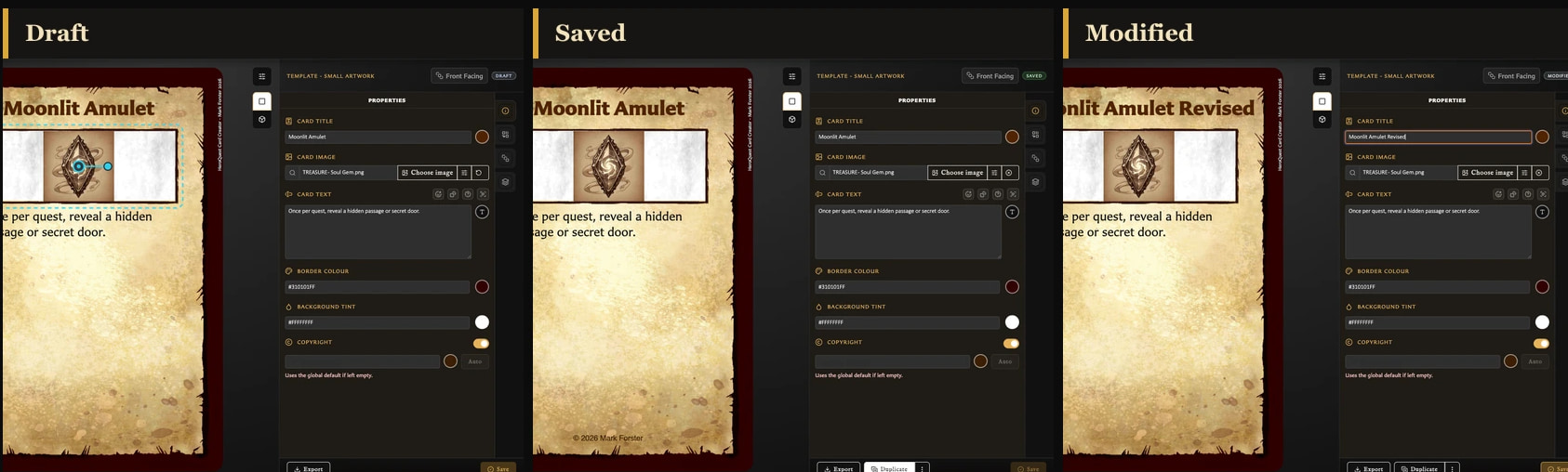 Three labelled Card Editor views showing Draft, Saved, and Modified states.