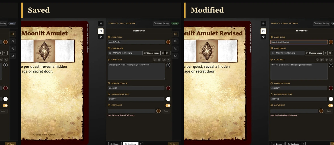 Saved and Modified Card Editor states shown side by side to compare the Save action.