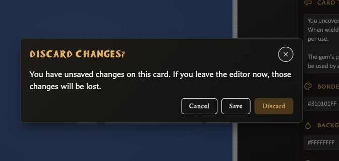 Discard Changes warning with Cancel, Save, and Discard actions.