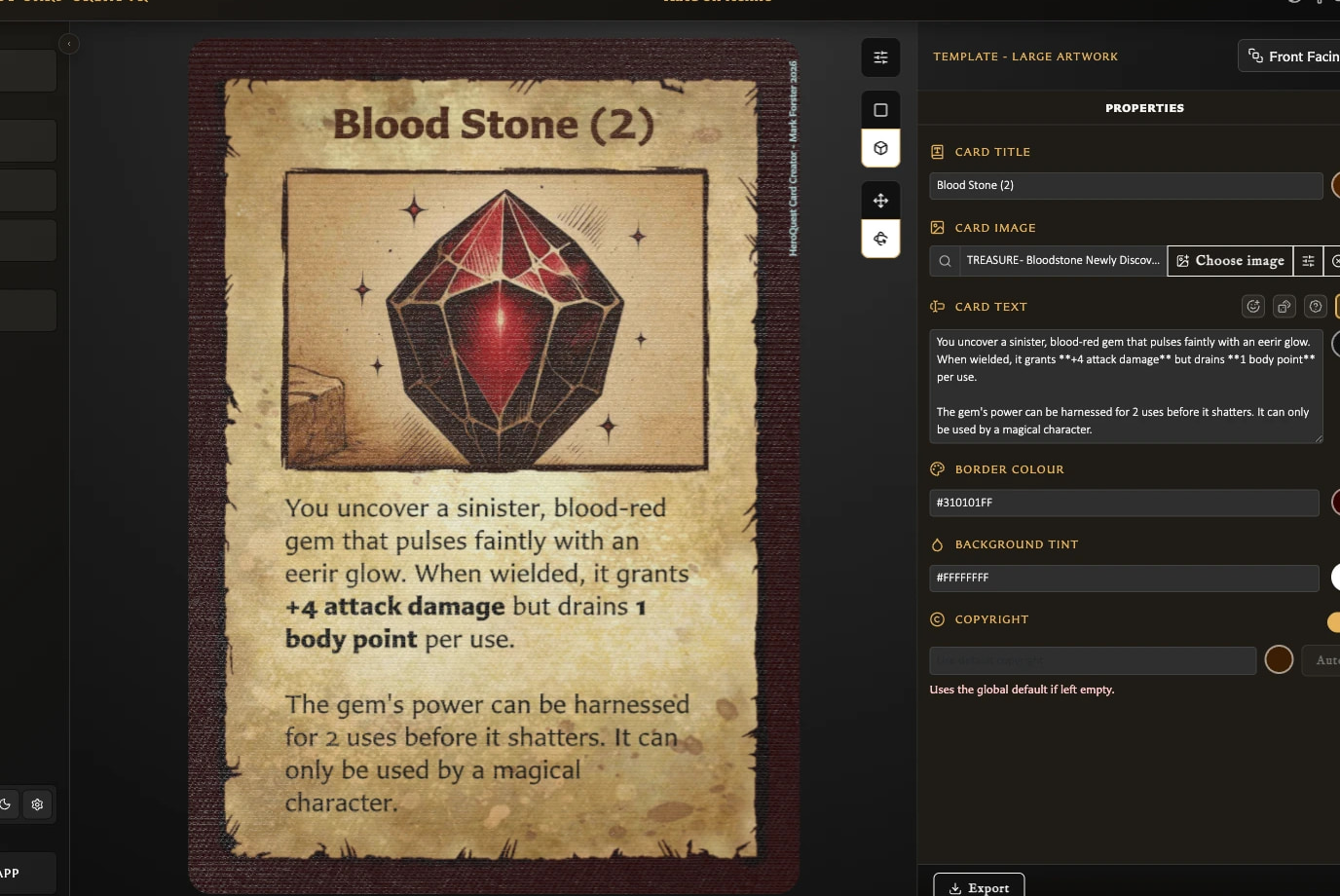 Duplicated Blood Stone card in the Card Editor with the Duplicate action visible.