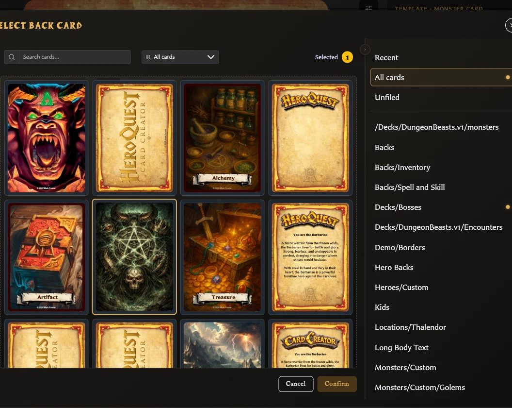 Select Back Card window showing card previews, search, collection filters, and a selected card.