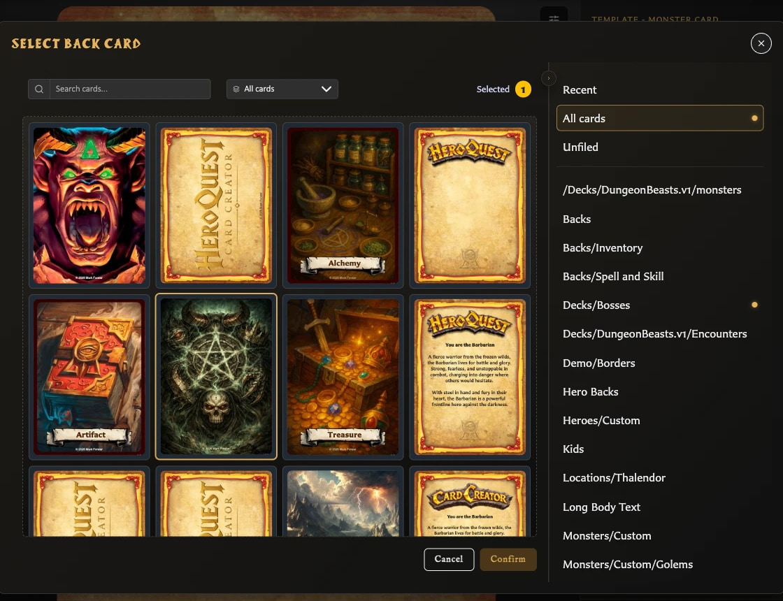 Select Back Card window with compatible and unavailable back-card choices plus collection filters.