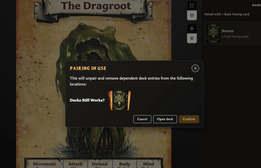 Pairing in use warning naming an affected deck and offering Cancel, Open deck, and Confirm.
