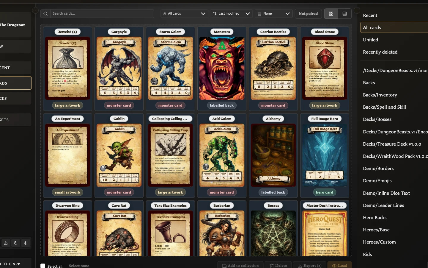 Populated Cards workspace showing card thumbnails, toolbar controls, and the collections sidebar.