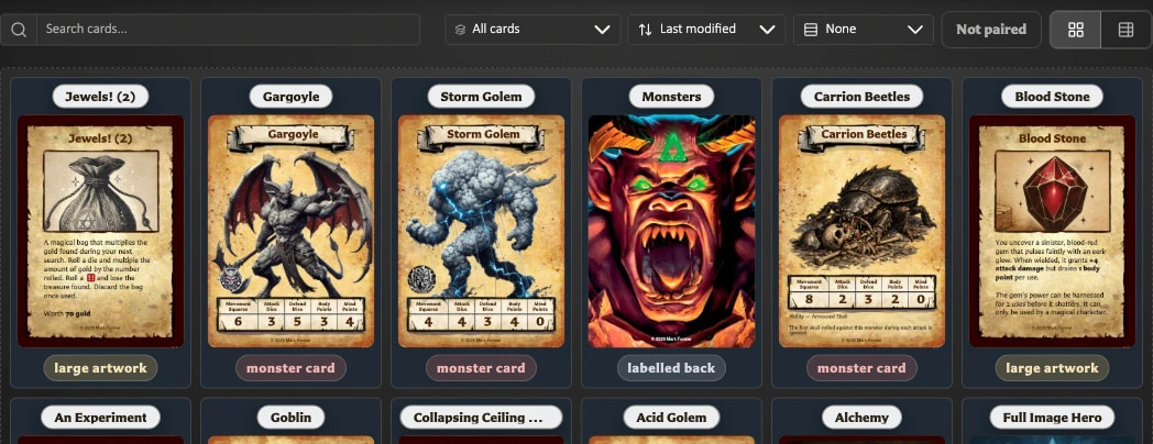 Cards toolbar showing search, card filter, sort, grouping, pairing filter, Grid view, and Table view.