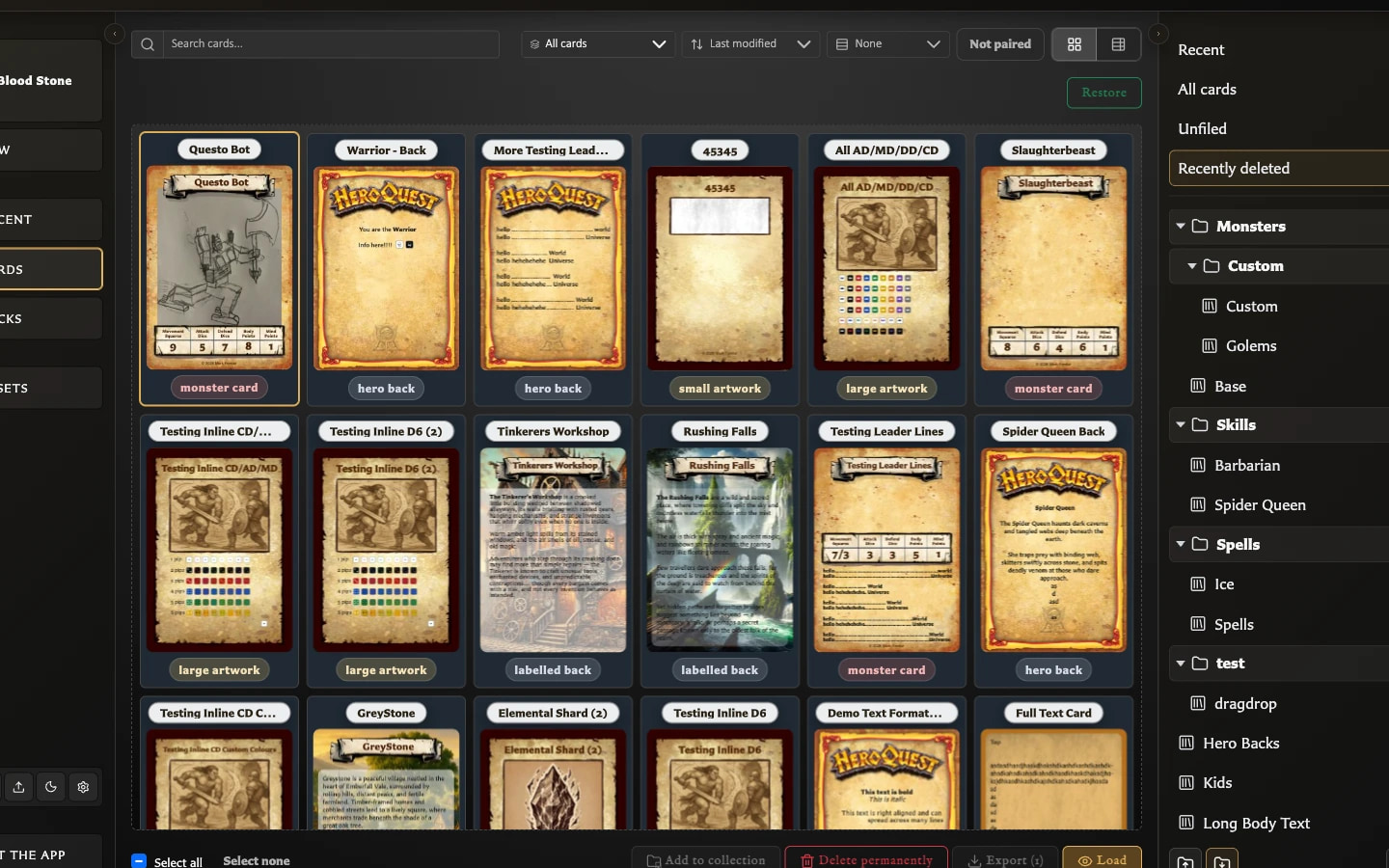 Cards workspace filtered to Recently deleted with card thumbnails and recovery actions.