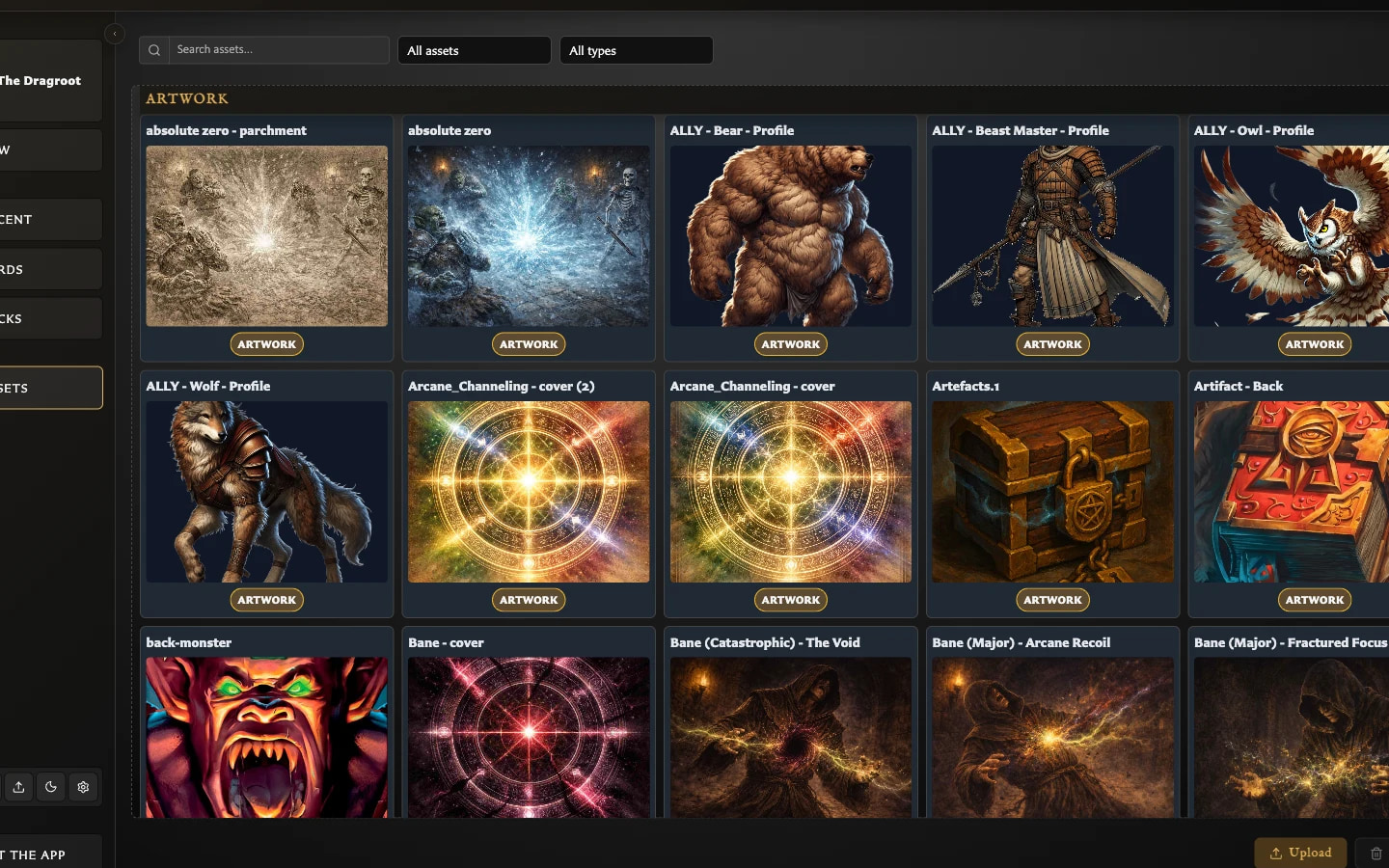 Populated Assets workspace showing artwork thumbnails, search and filter controls, and Upload.
