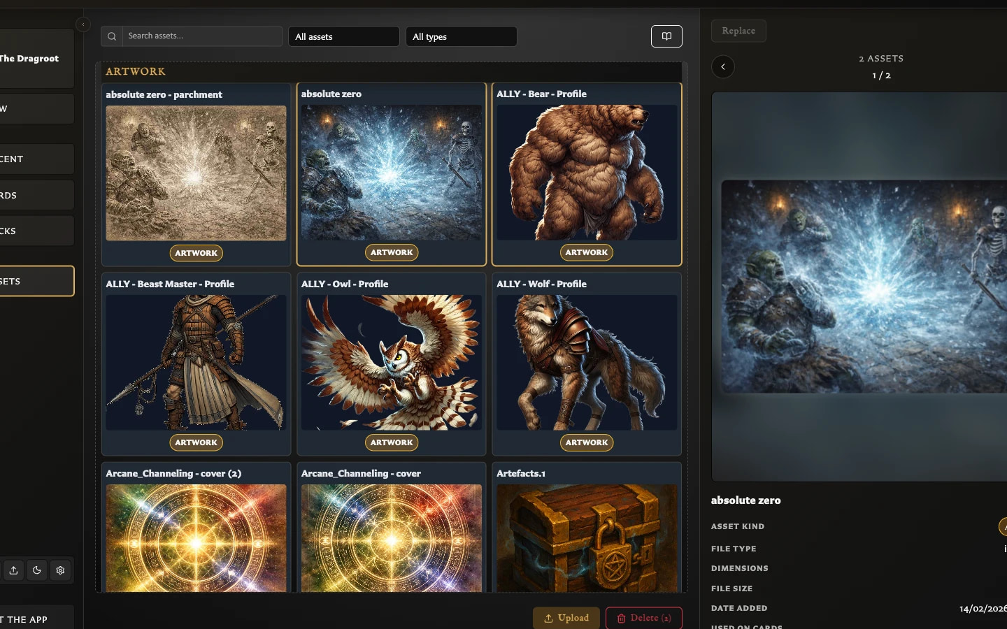 Assets workspace with selected thumbnails and an inspector previewing a snowy landscape asset.