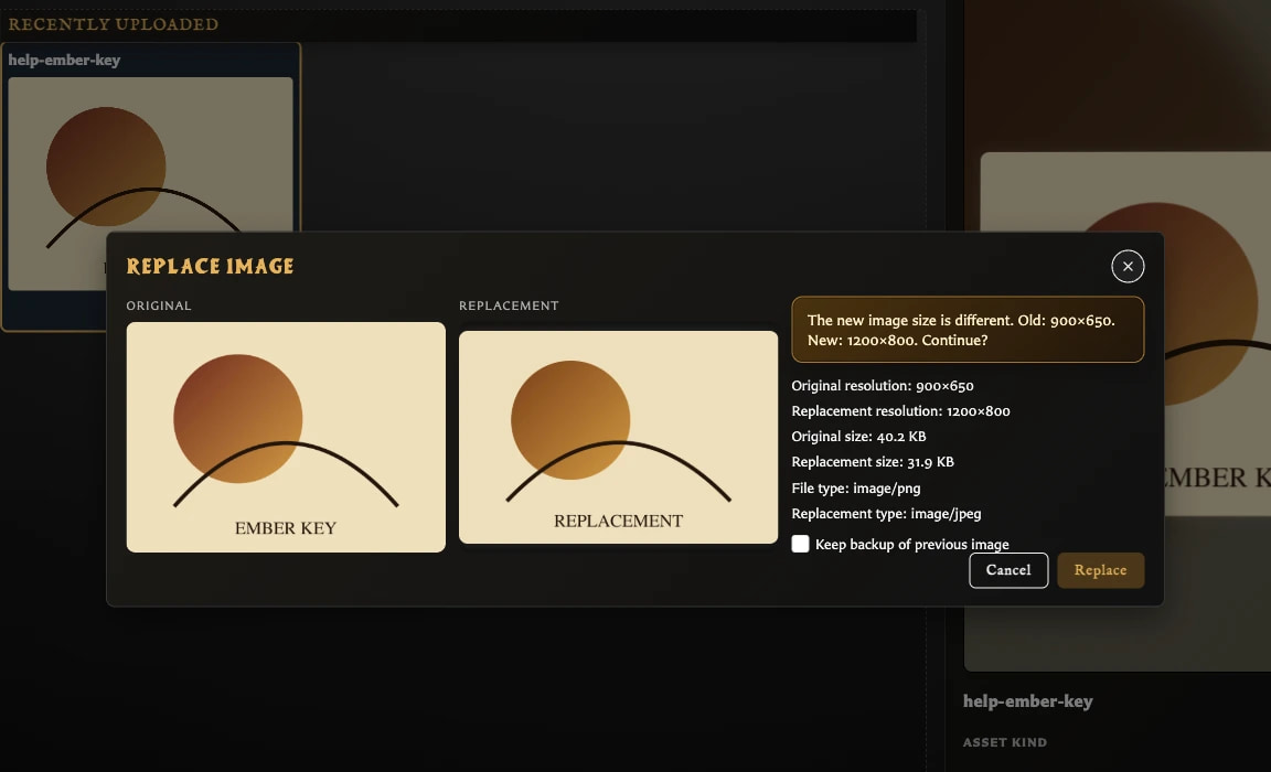 Replace Image window comparing original and replacement artwork with dimensions, file sizes, and a backup option.