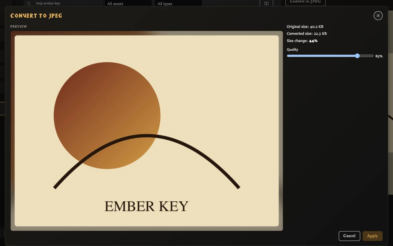 Convert to JPEG window with an artwork preview, quality slider, and original and converted file sizes.