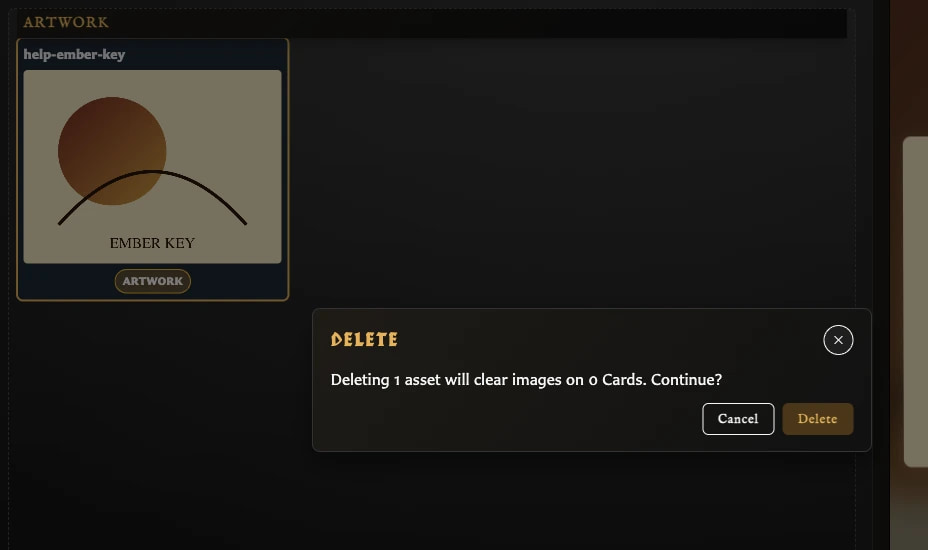 Selected artwork asset beside a Delete warning reporting the number of affected cards.