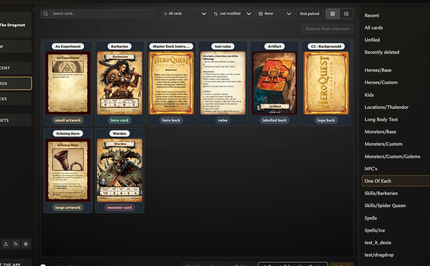 Cards workspace filtered to a collection, with matching cards in the grid and collections in the sidebar.