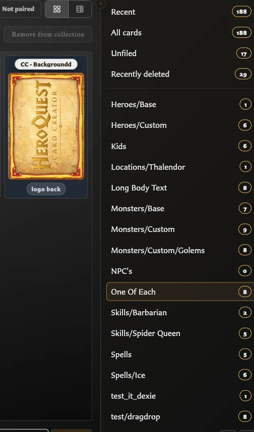 Nested collection tree with expandable groups, counts, and a matching card thumbnail.