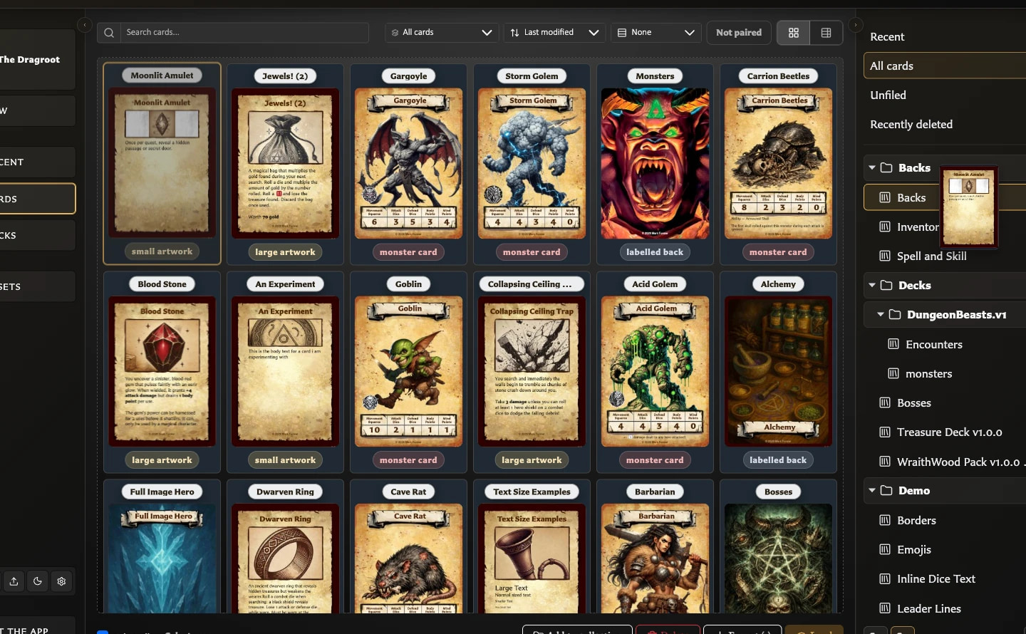 Cards workspace with multiple cards selected beside the collection tree used as a drop target.