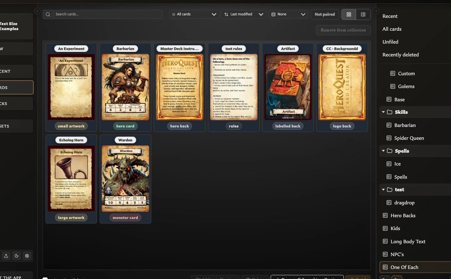 Cards workspace filtered to one collection with Export all items in collection available.