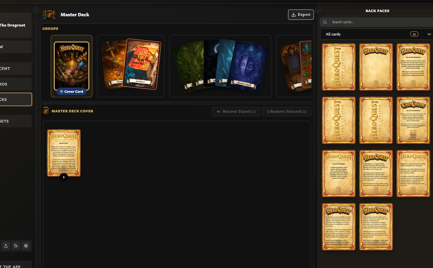Open Master Deck with grouped card sets on the left and available back faces on the right.