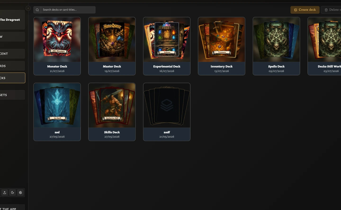 Decks workspace displaying several saved deck covers and a Create deck action.