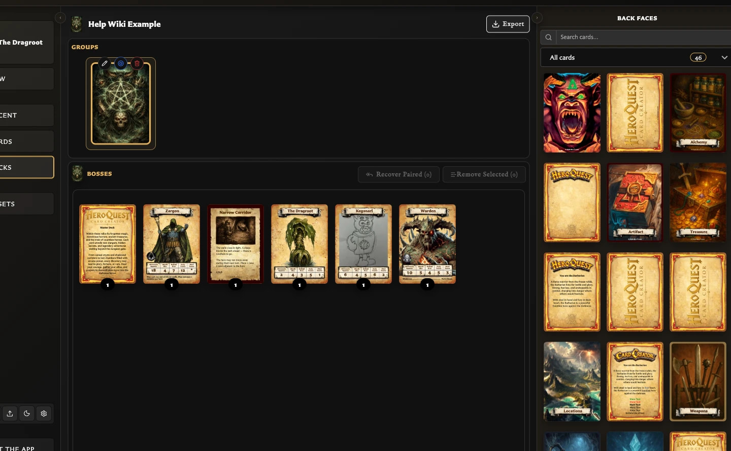 Open deck with a cover set and a Bosses set containing several front-facing cards.