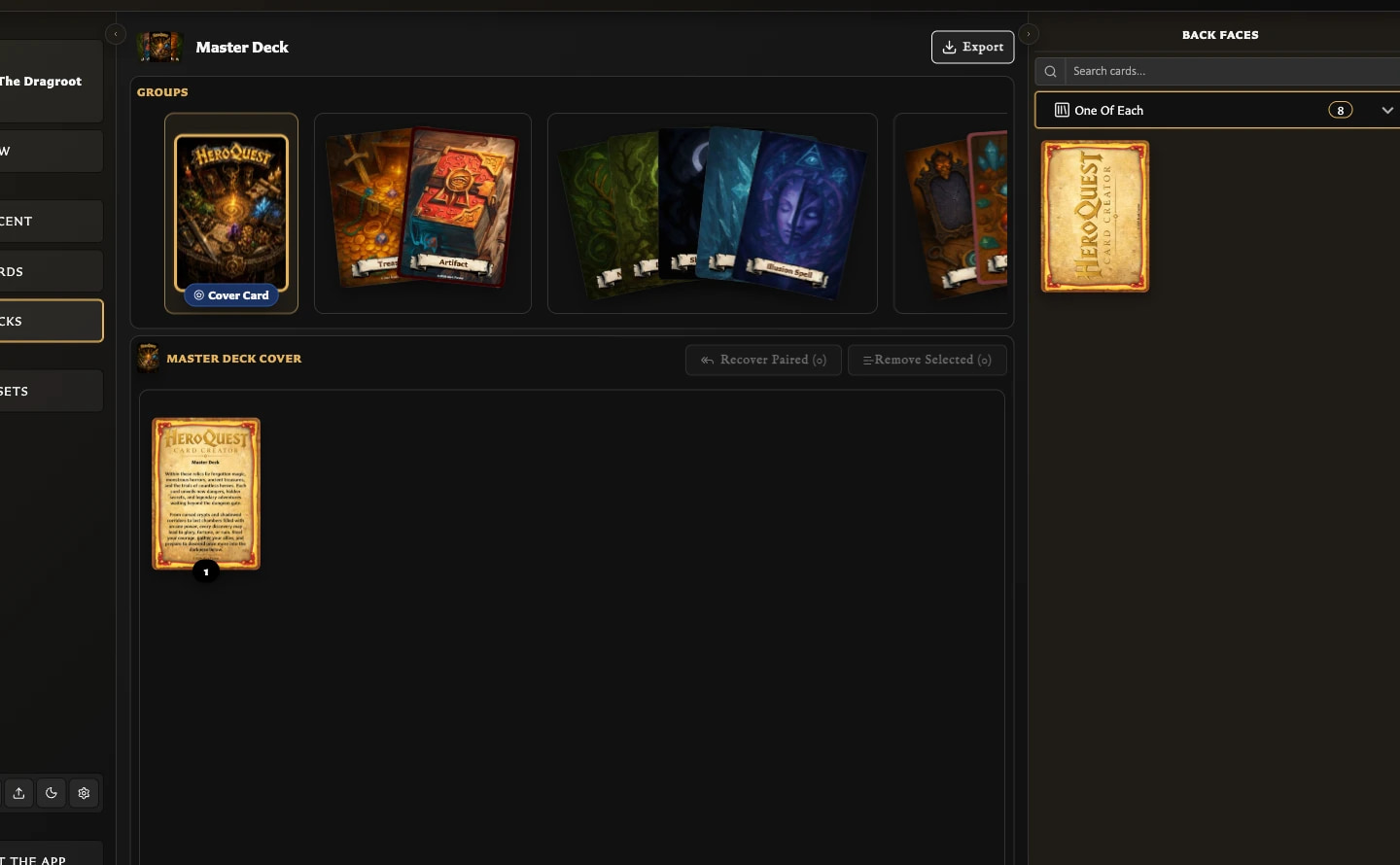 Open deck whose back-face source panel is filtered to the One Of Each collection.