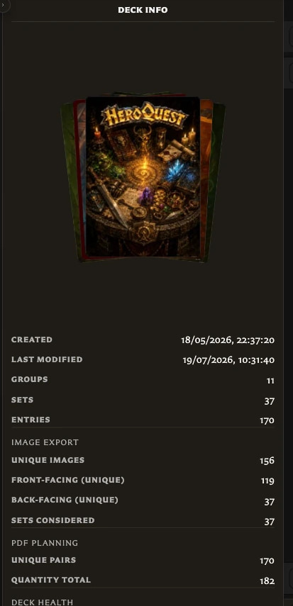 Deck Info panel showing a cover preview and statistics for groups, sets, entries, and exported faces.