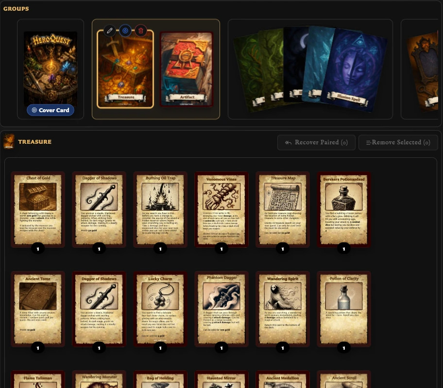 Deck view showing group-level card fans above a Treasure set and its entries.