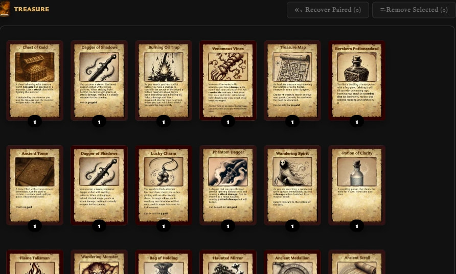 Treasure deck set showing rows of front-card entries with quantity badges and set actions.