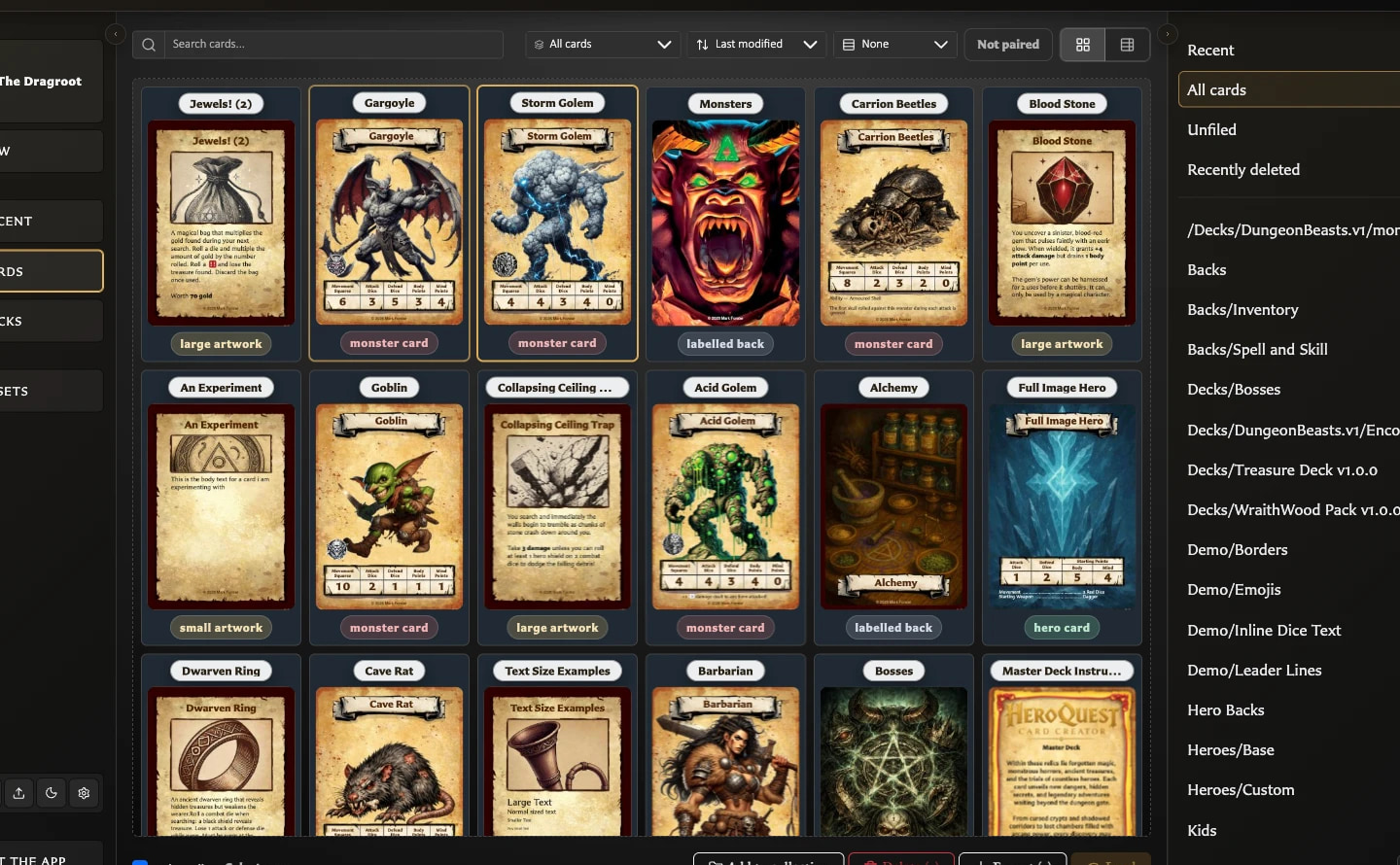 Cards workspace with multiple selected cards and the bulk Export action.