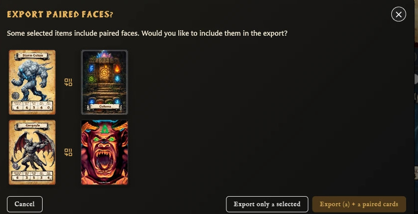 Export Paired Faces window comparing selected front cards with their paired back cards.