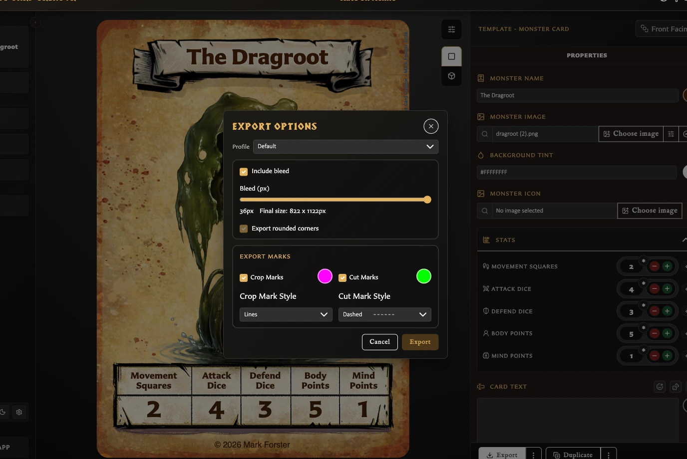 Export Options window over a Monster Card with profile, bleed, corners, and export-mark controls.
