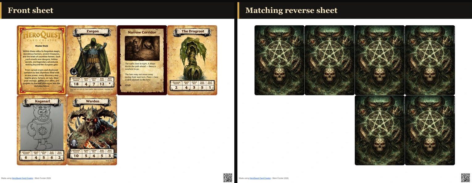 Front PDF sheet of card faces beside the matching reverse sheet of repeated card backs.