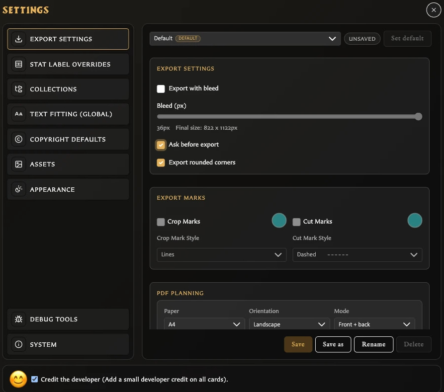 Export Settings panel marked Unsaved with an enabled Save action.